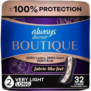 Always Discreet Boutique Adult Incontinence Bladder Leak Panty Liners for Women, Very Light Absorbency, Long Length, Up to 100% Bladder Leak Protection, 32 Count in Kuwait