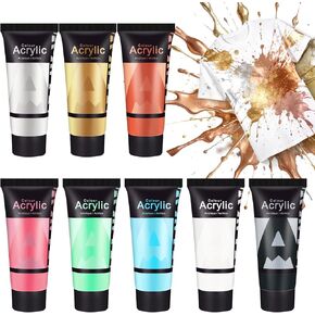 AUREUO Iridescent Acrylic Paint, 8 Colors x 0.71 Fl Oz / 21ml Pearlescent Acrylic Paint Set, Glitter Paint for Canvas, Rocks, Wood, Fabric, Ceramic - Art Paints for Painting in Kuwait