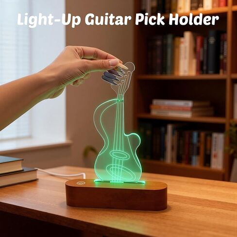 Light Up Guitar Pick Holder, Acrylic & Wooden Guitar Pick Display with 8 Color Modes for Guitar Pick Storage, Electric Guitar Accessories Gift for Music Lovers and Musicians in Kuwait