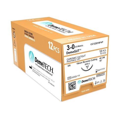 DEMETECH DemeGUT خياطة خيوط كرومية قابلة للامتصاص، DFS-2، 19 مم، 3/8 دائرة، إبرة قطع عكسية، مقاس USP 3-0، 18 بوصة، (45 سم)، بني in Kuwait