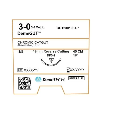 DEMETECH DemeGUT خياطة خيوط كرومية قابلة للامتصاص، DFS-2، 19 مم، 3/8 دائرة، إبرة قطع عكسية، مقاس USP 3-0، 18 بوصة، (45 سم)، بني in Kuwait