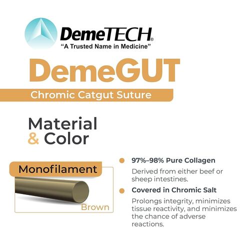 DEMETECH DemeGUT خياطة خيوط كرومية قابلة للامتصاص، DFS-2، 19 مم، 3/8 دائرة، إبرة قطع عكسية، مقاس USP 3-0، 18 بوصة، (45 سم)، بني in Kuwait