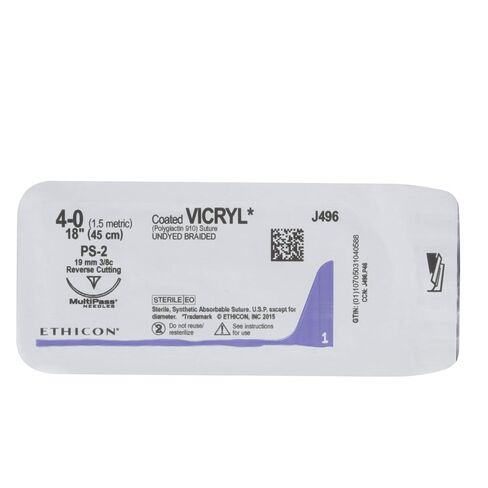 Ethicon J496G Coated Vicryl Suture, Synthetic Absorbable, PS-2, 3/8 Circle Needle, Size 4-0, 18" Size in Kuwait