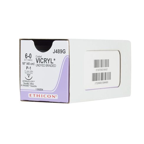 Ethicon J489G Coated Vicryl Suture, Synthetic Absorbable, P-1, 3/8 Circle Needle, Size 6-0, 18" Size in Kuwait