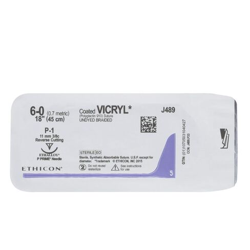 Ethicon J489G Coated Vicryl Suture, Synthetic Absorbable, P-1, 3/8 Circle Needle, Size 6-0, 18" Size in Kuwait