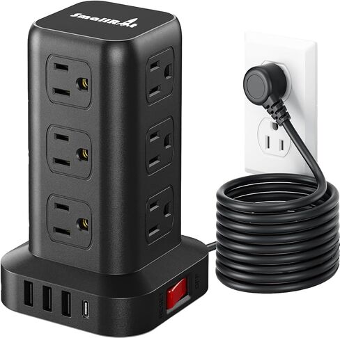 Power Strip Surge Protector, 6.5FT Ultra Thin Flat Plug Extension Cord with 12 AC Multiple Outlets 4 USB (1 USB C), Power Strip Tower Desktop Charging Station for Sofas, Beds, Home Office in Saudi Arabia