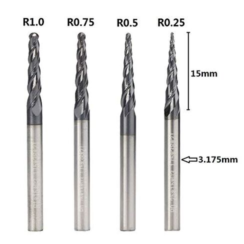 4pcs 2-Flute Tapered Ball Nose Spiral End Mill R0.25-R1.0 TiAIN Coated CNC Milling Cutter 3.175mm Shank Carbide Woodworking Engraving Bit in Saudi Arabia