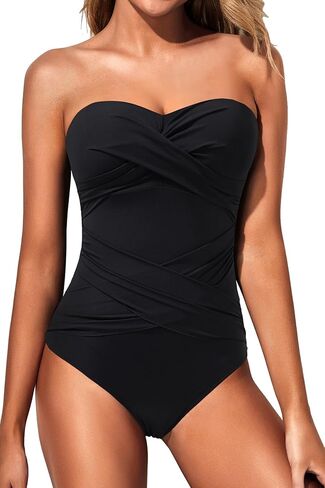 Holipick Women Strapless One Piece Swimsuits Tummy Control Bandeau Bathing Suits Retro Slimming Swimwear in Kuwait