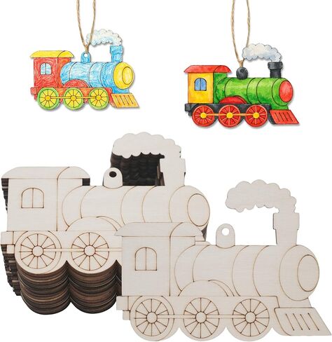 30Pcs Wooden Train Ornaments to Paint Unfinished Train Cars Cutouts Transports Theme DIY Craft for Kids Unfinished Train Wood Slice for Hanging Holiday Party Decoration in Kuwait