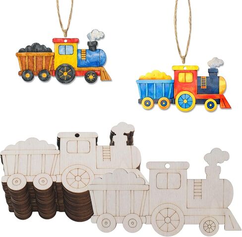 30Pcs Wooden Train Ornaments to Paint Unfinished Train Cars Cutouts Transports Theme DIY Craft for Kids Unfinished Train Wood Slice for Hanging Holiday Party Decoration in Kuwait
