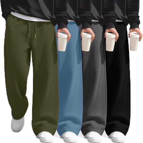4 Pack Boy's Wide Leg Sweatpants Elastic Waist Baggy Athletic Pants Open Bottom Kids Casual Joggers with Pockets in Saudi Arabia