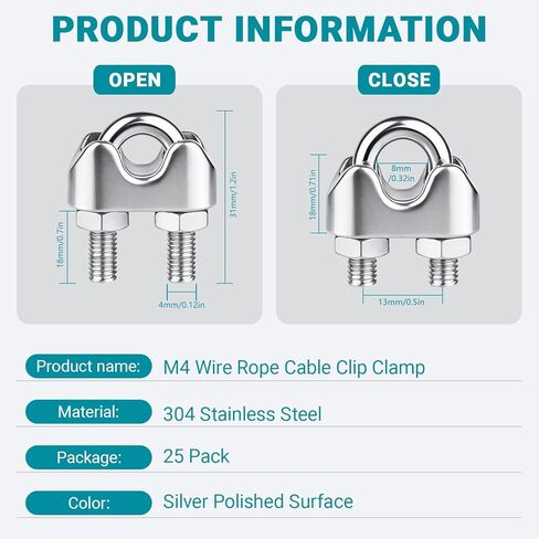 25Pcs 3/16 inch Stainless Steel Wire Rope Cable Clamp,M4 Wire Rope Clamp For Various Commercial, Industrial, And Residential Projects in Saudi Arabia