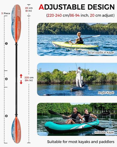 Kayak Paddle with Premium Carbon Fiber Shaft and Enhanced PP Blade, Adjustable Kayak Oar, 86-94" (220-240 cm), 94-102" (240-260 cm) in Kuwait