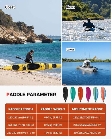 Kayak Paddle with Premium Carbon Fiber Shaft and Enhanced PP Blade, Adjustable Kayak Oar, 86-94" (220-240 cm), 94-102" (240-260 cm) in Kuwait