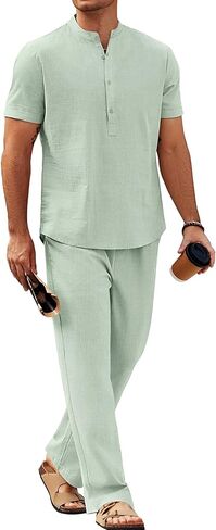 COOFANDY Mens 2 Pieces Cotton Linen Sets Short Sleeve Casual Henley Shirt Summer Beach Pants Lounge Vacation Outfits Set in Saudi Arabia