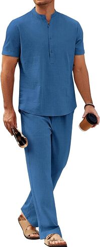 COOFANDY MENS 2 قطعة من الكتان القطني مجموعات قصيرة الأكمام غير الرسمية Henley Shirt Summer Beach Pants Lounge Outfits in Kuwait