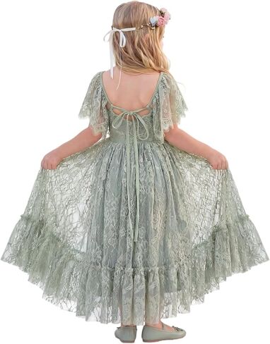 Flower Girl Dress Lace Boho Toddler Dresses Backless Ruffle Maxi Girl Dress for Wedding Holiday Beach Party in Kuwait