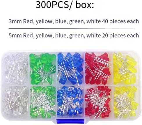 300 Pieces LED Diode Assortment Kit, 3mm and 5mm Multicolor Emitting Diodes Light Bulbs in Red, Green, Blue, Yellow, White, 3V 20mA for Electronics Projects, Christmas Lights, and DIY Crafts in Saudi Arabia