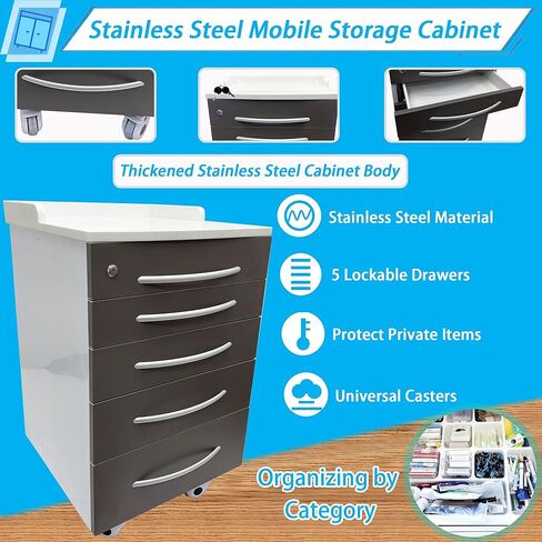 Stainless Steel Mobile Cabinet, Utility Storage Cart, 5 Silent Self-Closing Drawers File Storage Cabinet with Lock, Four Wheels & 1 Side Drawer, for Clinic/Hospital/Office and Home Use in Saudi Arabia