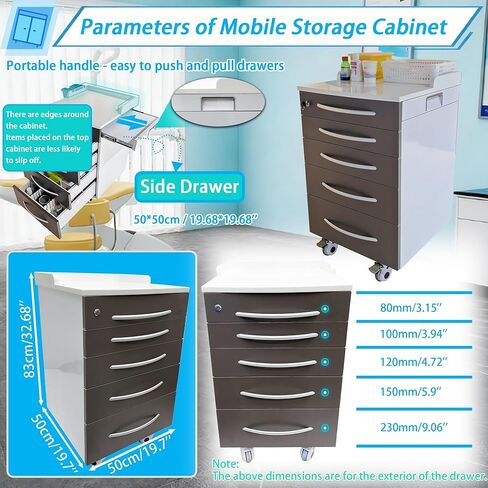 Stainless Steel Mobile Cabinet, Utility Storage Cart, 5 Silent Self-Closing Drawers File Storage Cabinet with Lock, Four Wheels & 1 Side Drawer, for Clinic/Hospital/Office and Home Use in Saudi Arabia