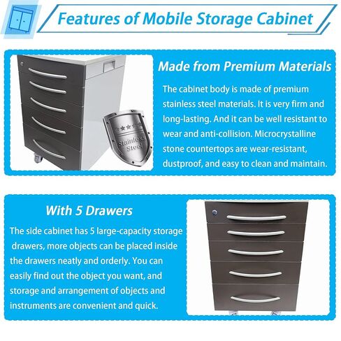 Stainless Steel Mobile Cabinet, Utility Storage Cart, 5 Silent Self-Closing Drawers File Storage Cabinet with Lock, Four Wheels & 1 Side Drawer, for Clinic/Hospital/Office and Home Use in Saudi Arabia