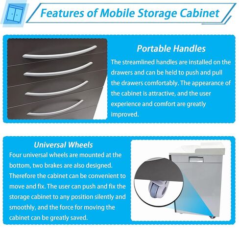 Stainless Steel Mobile Cabinet, Utility Storage Cart, 5 Silent Self-Closing Drawers File Storage Cabinet with Lock, Four Wheels & 1 Side Drawer, for Clinic/Hospital/Office and Home Use in Saudi Arabia