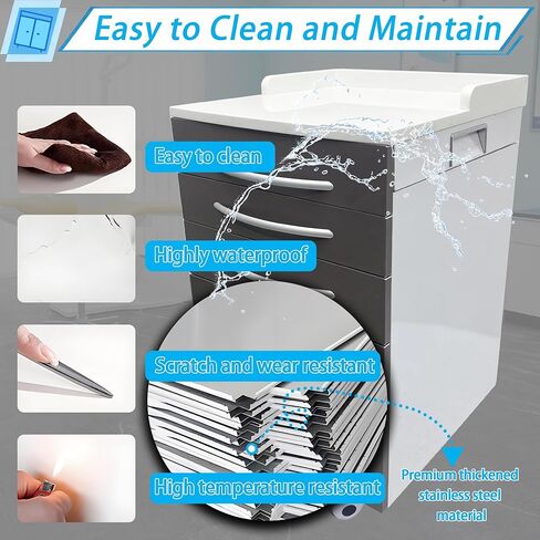 Stainless Steel Mobile Cabinet, Utility Storage Cart, 5 Silent Self-Closing Drawers File Storage Cabinet with Lock, Four Wheels & 1 Side Drawer, for Clinic/Hospital/Office and Home Use in Saudi Arabia