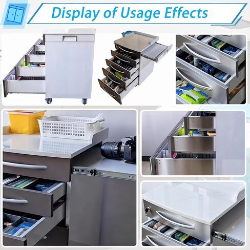 Stainless Steel Mobile Cabinet, Utility Storage Cart, 5 Silent Self-Closing Drawers File Storage Cabinet with Lock, Four Wheels & 1 Side Drawer, for Clinic/Hospital/Office and Home Use in Saudi Arabia