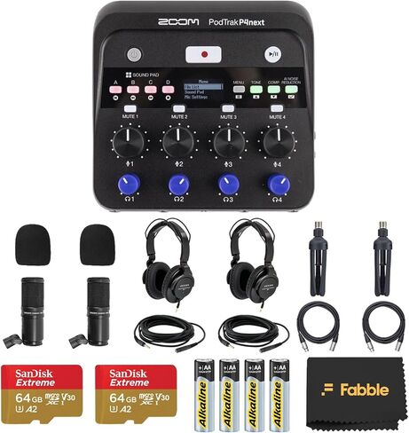 Zoom PodTrak P4next Podcast Recorder Bundle with 2x Zoom ZDM-1 Podcast Microphone Packs, Including Headphones, Windscreens, XLR Cables, 2× 64GB Memory Cards, and 4× AA Batteries & White Charger in Saudi Arabia