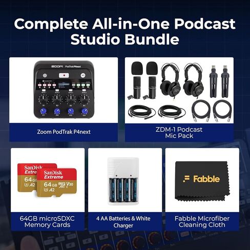 Zoom PodTrak P4next Podcast Recorder Bundle with 2x Zoom ZDM-1 Podcast Microphone Packs, Including Headphones, Windscreens, XLR Cables, 2× 64GB Memory Cards, and 4× AA Batteries & White Charger in Saudi Arabia