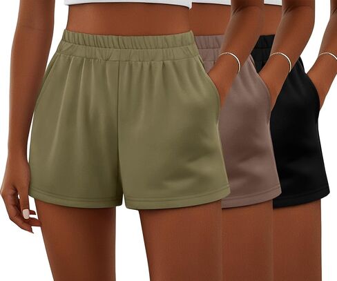Ficerd 3 Pack Shorts Women's Gwing Shorts ، شورتات مرنة عالية الخصر من القطن الصيفي الصيفي المريح مع جيوب (أسود ، رمادي فاتح ، بني ، متوسطة) in Kuwait