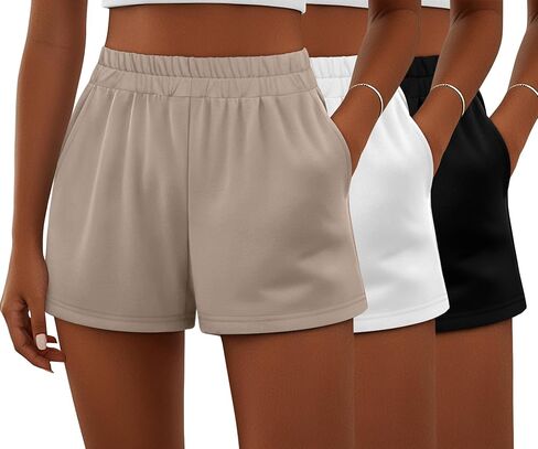 Ficerd 3 Pack Shorts Women's Gwing Shorts ، شورتات مرنة عالية الخصر من القطن الصيفي الصيفي المريح مع جيوب (أسود ، رمادي فاتح ، بني ، متوسطة) in Kuwait