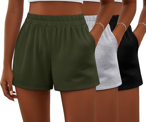 Ficerd 3 Pack Shorts Women's Gwing Shorts ، شورتات مرنة عالية الخصر من القطن الصيفي الصيفي المريح مع جيوب (أسود ، رمادي فاتح ، بني ، متوسطة) in Kuwait