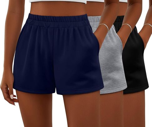 Ficerd 3 Pack Shorts Women's Gwing Shorts ، شورتات مرنة عالية الخصر من القطن الصيفي الصيفي المريح مع جيوب (أسود ، رمادي فاتح ، بني ، متوسطة) in Kuwait