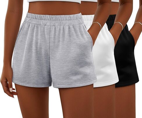 Ficerd 3 Pack Shorts Women's Gwing Shorts ، شورتات مرنة عالية الخصر من القطن الصيفي الصيفي المريح مع جيوب (أسود ، رمادي فاتح ، بني ، متوسطة) in Kuwait