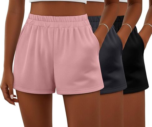 Ficerd 3 Pack Shorts Women's Gwing Shorts ، شورتات مرنة عالية الخصر من القطن الصيفي الصيفي المريح مع جيوب (أسود ، رمادي فاتح ، بني ، متوسطة) in Kuwait