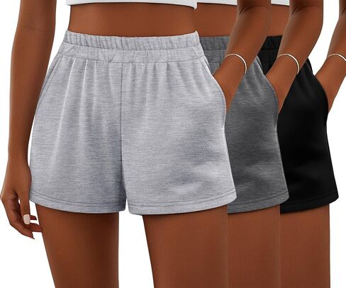 Ficerd 3 Pack Shorts Women's Gwing Shorts ، شورتات مرنة عالية الخصر من القطن الصيفي الصيفي المريح مع جيوب (أسود ، رمادي فاتح ، بني ، متوسطة) in Kuwait