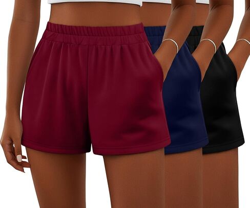 Ficerd 3 Pack Shorts Women's Gwing Shorts ، شورتات مرنة عالية الخصر من القطن الصيفي الصيفي المريح مع جيوب (أسود ، رمادي فاتح ، بني ، متوسطة) in Kuwait
