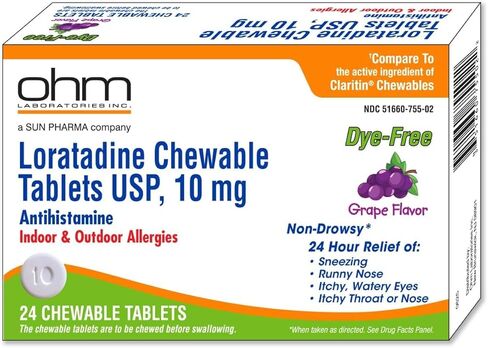 Ohm Loratadine 10mg, Chewable Tablets, Non-Drowsy Antihistamine for Indoor & Outdoor Allergies | Grape Flavor, Dye-Free, Allergy Relief (Large, 48, Count) in Kuwait