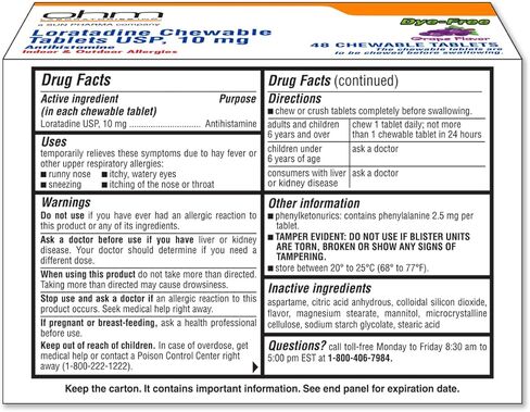 Ohm Loratadine 10mg, Chewable Tablets, Non-Drowsy Antihistamine for Indoor & Outdoor Allergies | Grape Flavor, Dye-Free, Allergy Relief (Large, 48, Count) in Saudi Arabia