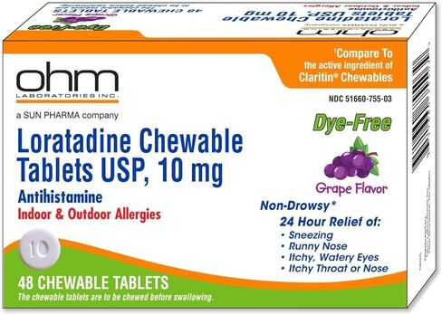 Ohm Loratadine 10mg, Chewable Tablets, Non-Drowsy Antihistamine for Indoor & Outdoor Allergies | Grape Flavor, Dye-Free, Allergy Relief (Large, 48, Count) in Saudi Arabia