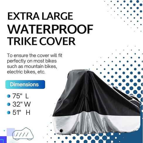 غطاء دراجة ثلاثية العجلات للكبار، غطاء دراجة مقاوم للماء بثلاث عجلات مع فتحات قفل شريطية عاكسة لتخزين الدراجات في الهواء الطلق، غطاء مقاوم للرياح شديد التحمل للدراجات ثلاثية العجلات (أسود وفضي) in Kuwait