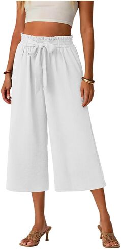 Wide Leg Capri Pants for Women Summer Casual Loose Drawstring Palazzo Pants High Waist Loose Boho Cropped Trousers in Saudi Arabia