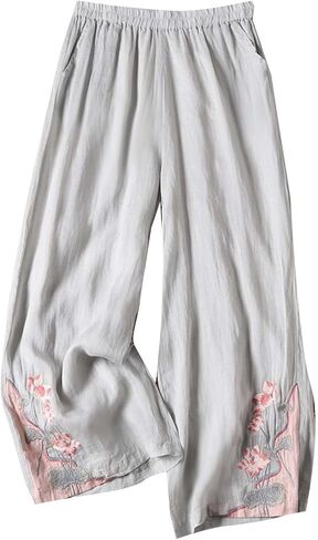 Summer Pants for Women Embroidery Elastic Waist Lounge Capri Pants High Waist Beach Vacation Cropped Trousers in Saudi Arabia
