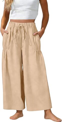Women's Cotton Linen Summer Palazzo Pants High Waist Wide Leg Boho Trousers Beach Travel Vacation Pants with Pockets in Saudi Arabia