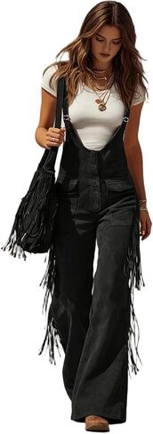 Womens Suede Jumpsuits Adjustable Strap Fringe Cargo Overalls Button Down Western Vintage Flared Long Romper Pants in Saudi Arabia