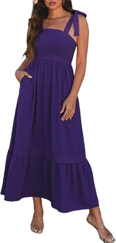Womens Casual Dress Sleeveless Lace Tie Strap Square Neck Empire Waist A Line Maxi Dress for Spring Summer in Saudi Arabia