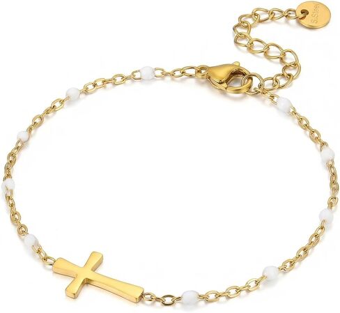 Gold Bracelets for Women 18K Gold Plated Sideways Cross Bracelet Dainty Gold and Pearl Beaded Bracelets Non Tarnish Religious Gold Jewelry Gifts in Kuwait