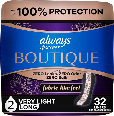 Always Discreet Boutique Adult Incontinence Bladder Leak Panty Liners for Women, Very Light Absorbency, Long Length, Up to 100% Bladder Leak Protection, 32 Count in Kuwait