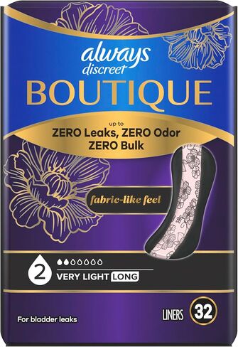 Always Discreet Boutique Adult Incontinence Bladder Leak Panty Liners for Women, Very Light Absorbency, Long Length, Up to 100% Bladder Leak Protection, 32 Count in Kuwait